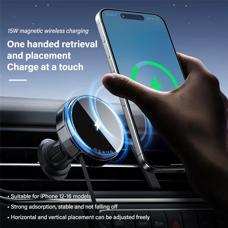 X02 15W Car Air Vent Mount Magnetic Phone Holder Wireless Charger with Retractable Type C Cable - Silver