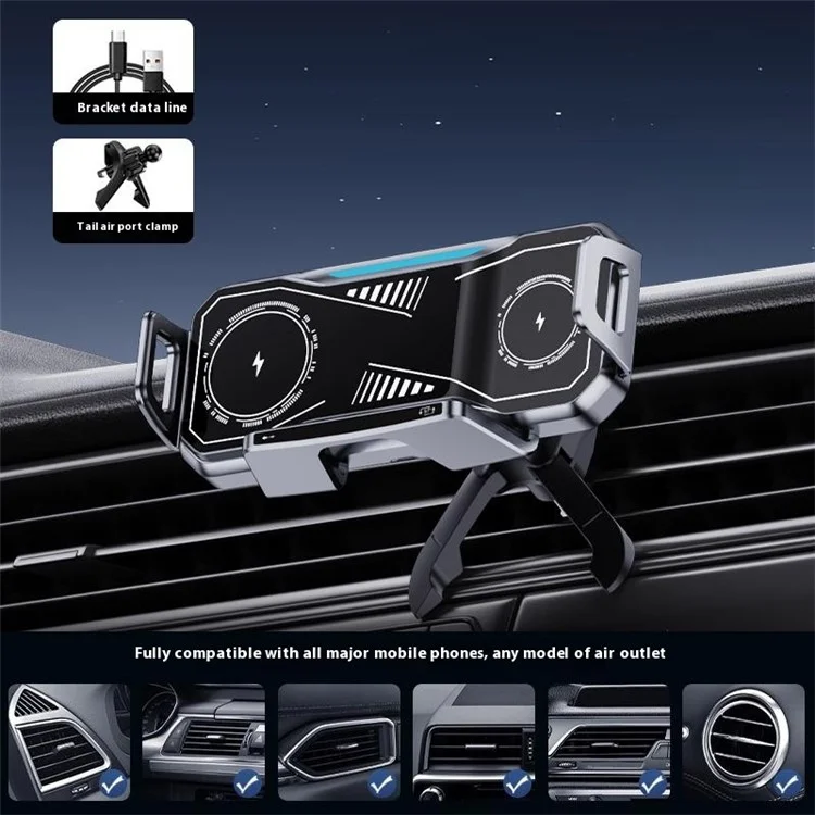A001 Wireless Charging Car Vent Mount Holder for Foldable Phones 15W Fast Charger with Atmosphere Light