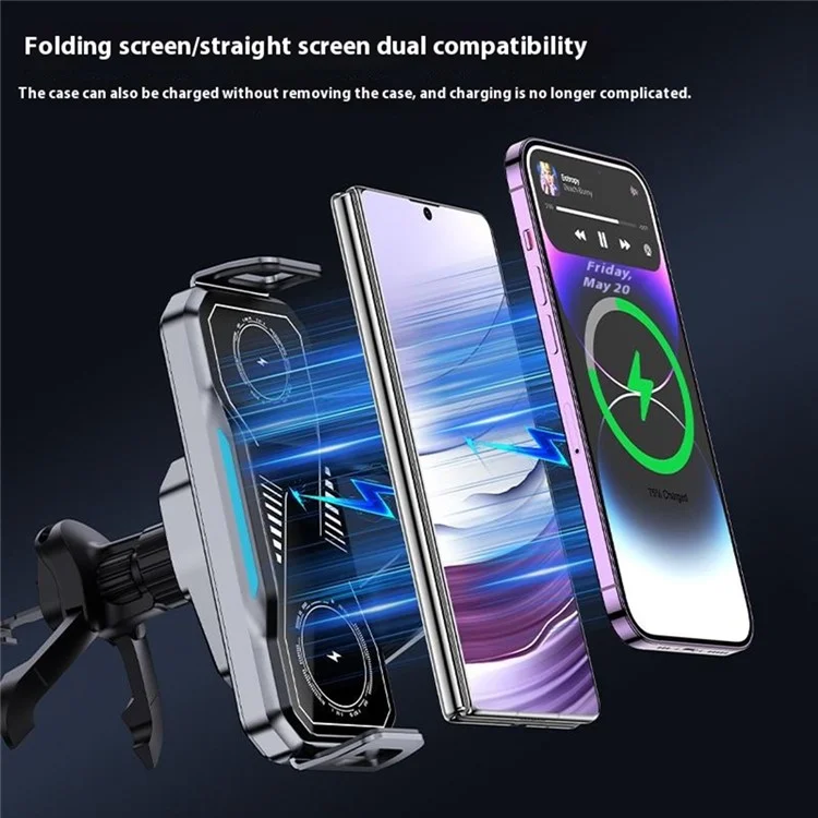 A001 Wireless Charging Car Vent Mount Holder for Foldable Phones 15W Fast Charger with Atmosphere Light