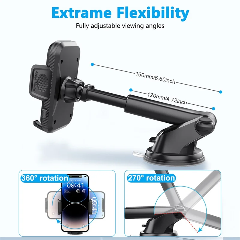 ML213 Car Phone Mount 360° Rotation Suction Cup Dashboard Windshield Cell Phone Holder - Black