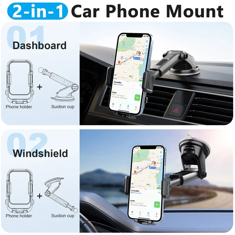 ML213 Car Phone Mount 360° Rotation Suction Cup Dashboard Windshield Cell Phone Holder - Black