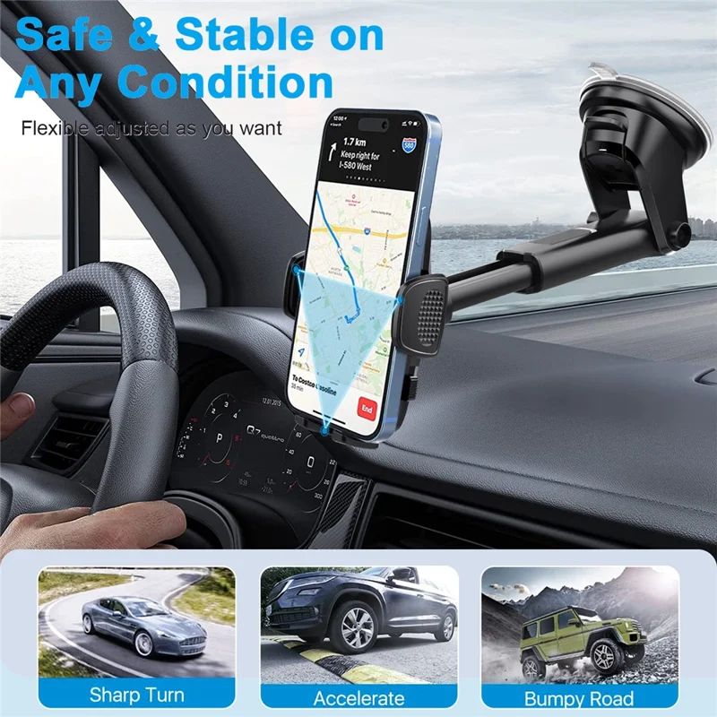 ML209 2 in 1 Car Phone Holder Mount Powerful Suction Phone Mount for Car Dashboard Windshield - Black