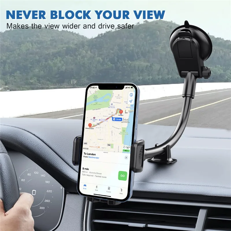 ML201 Gooseneck Car Phone Holder Suction Cup Windshield Phone Mount with Flexibile Long Arm - Black