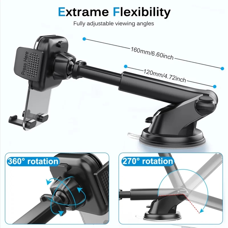 ML211 Strong Suction Car Phone Holder Dashboard Windshield Adjustable Extendable Mount Bracket - Grey
