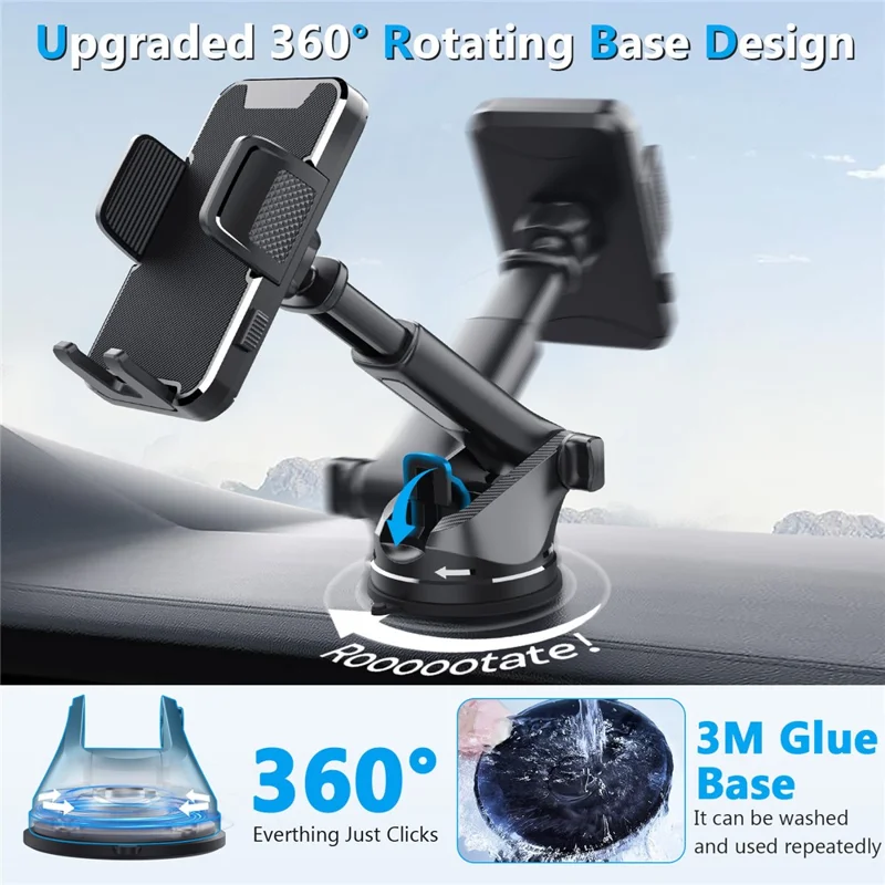 Suporte de Telefone para Carro ML236 com Rotação de 360 Graus, Extensível, com Ventosa para Painel e Para-brisa - Preto