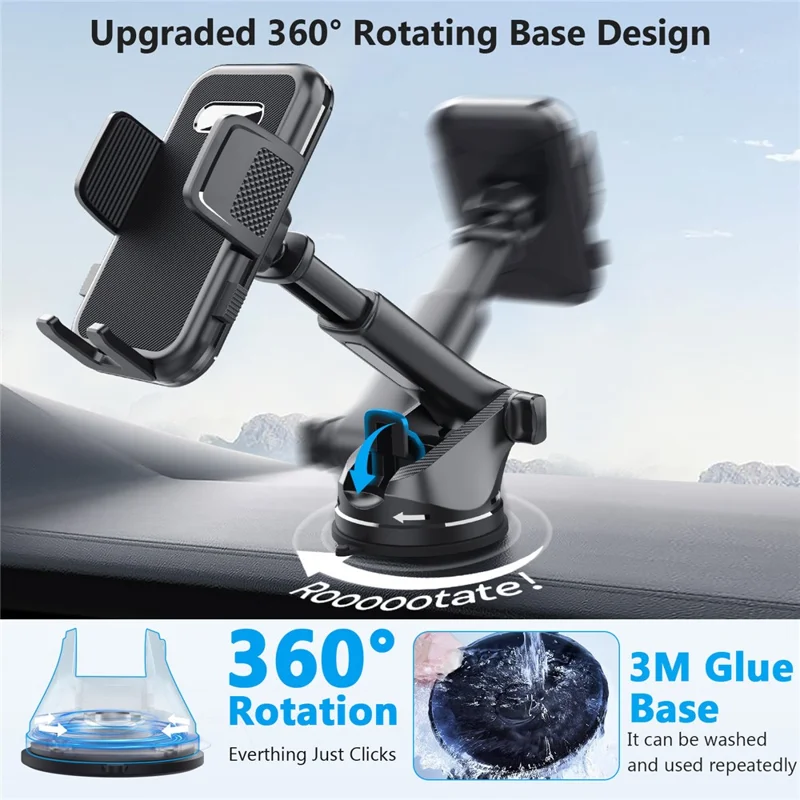 Support de téléphone pour voiture ML239 à rotation 360 degrés avec bras télescopique et base à ventouse pour smartphone