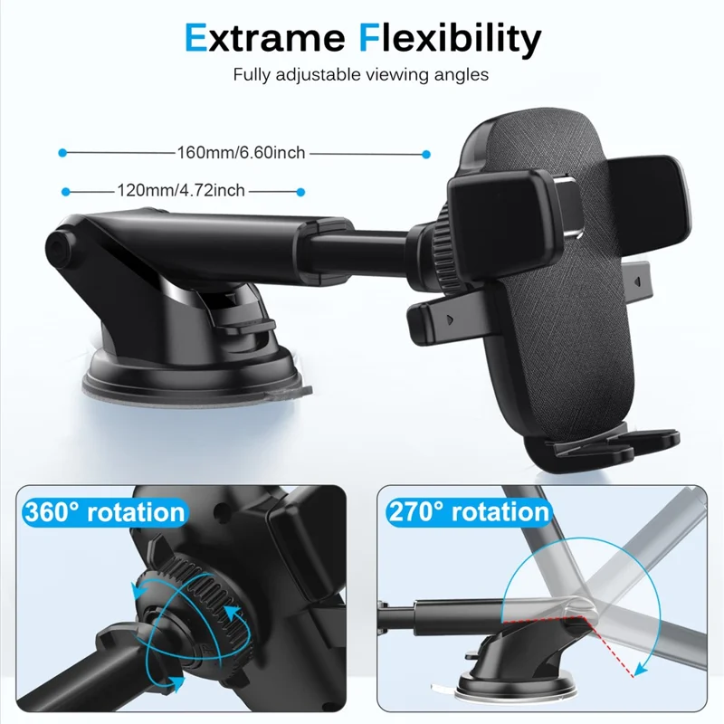 ML-197 For Car Dashboard / Windshield Extendable Arm Phone Holder 360 Degree Rotation Suction Cup Mount Bracket