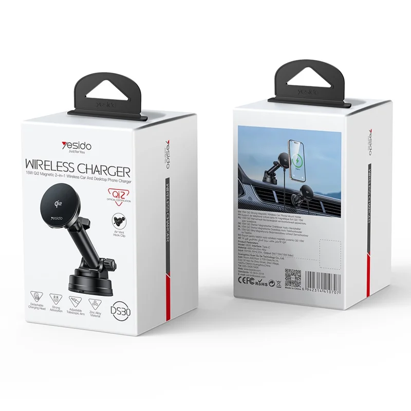 YESIDO DS30 2 in 1 Qi 2.0 Car Wireless Charger 15W Fast Charging Magnetic Phone Holder Bracket