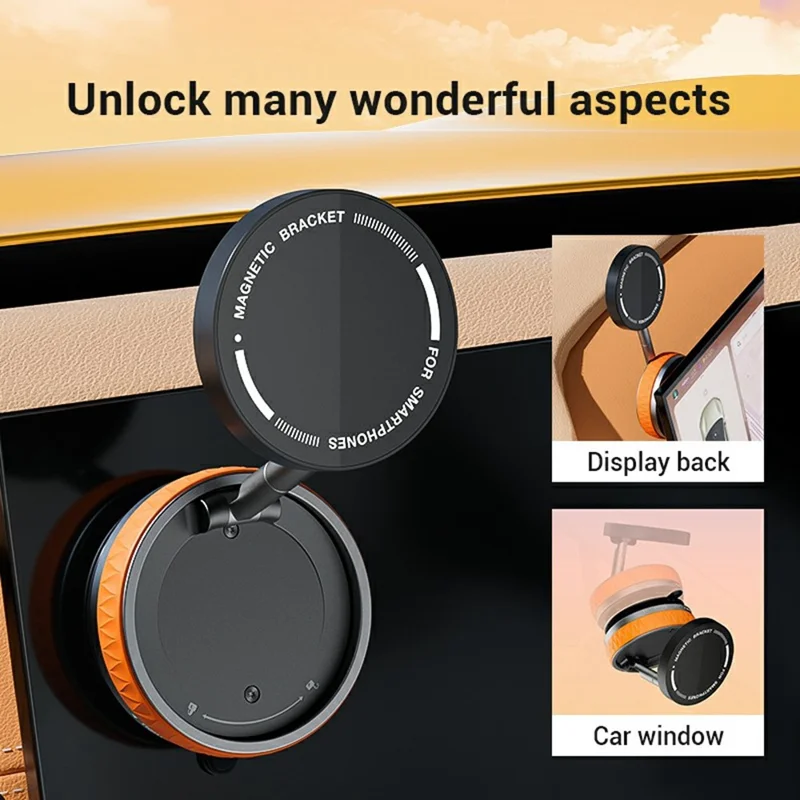 Soporte de teléfono plegable X58 con ventosa para espejo de coche, rotación 360 grados, base magnética - Naranja