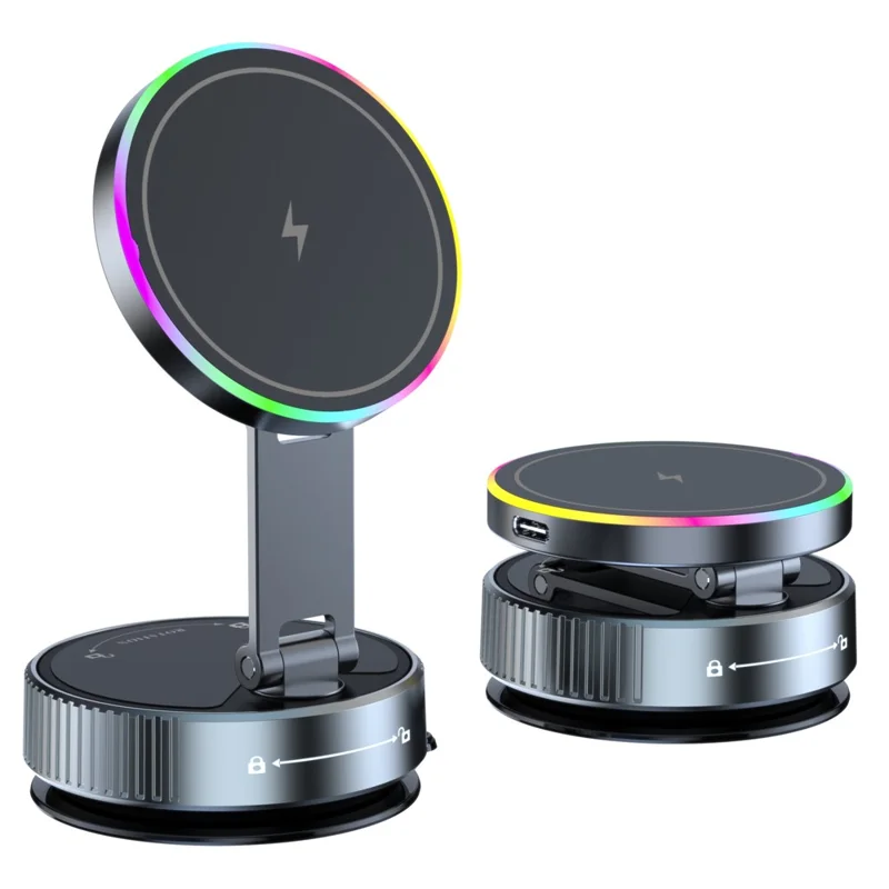 Suporte de Telefone Magnético Giratório K3 para Carro com Carregamento Sem Fio e Ventosa, Suporte de Mesa com Luz Colorida