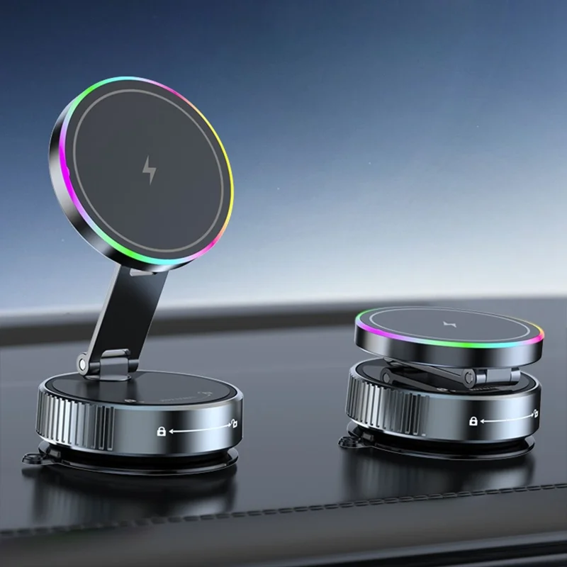 Suporte de Telefone Magnético Giratório K3 para Carro com Carregamento Sem Fio e Ventosa, Suporte de Mesa com Luz Colorida