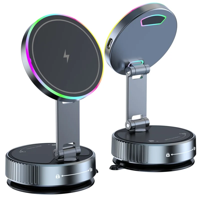 Suporte de Telefone Magnético Giratório K3 para Carro com Carregamento Sem Fio e Ventosa, Suporte de Mesa com Luz Colorida