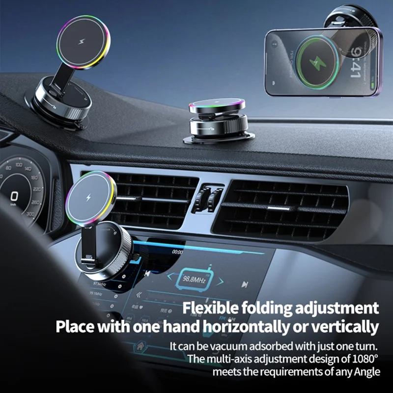 Suporte de Telefone Magnético Giratório K3 para Carro com Carregamento Sem Fio e Ventosa, Suporte de Mesa com Luz Colorida