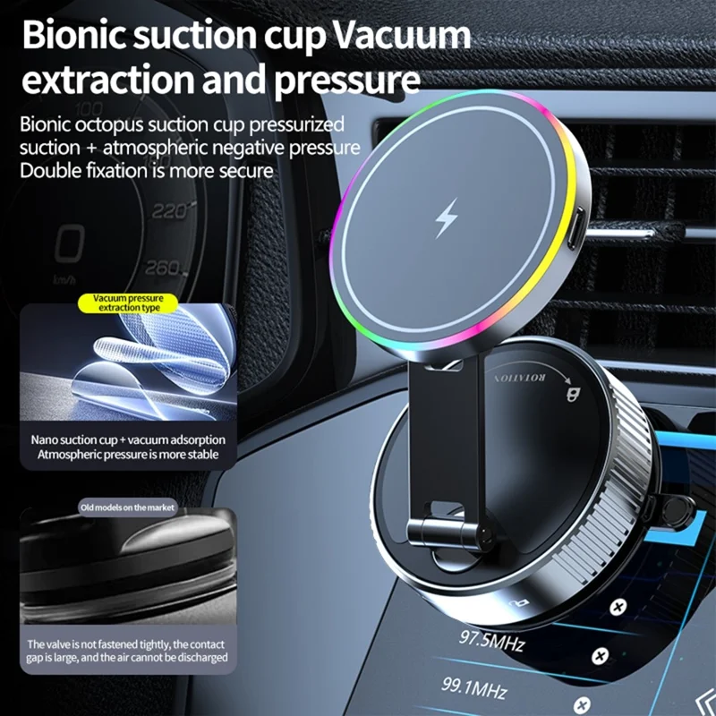 Suporte de Telefone Magnético Giratório K3 para Carro com Carregamento Sem Fio e Ventosa, Suporte de Mesa com Luz Colorida