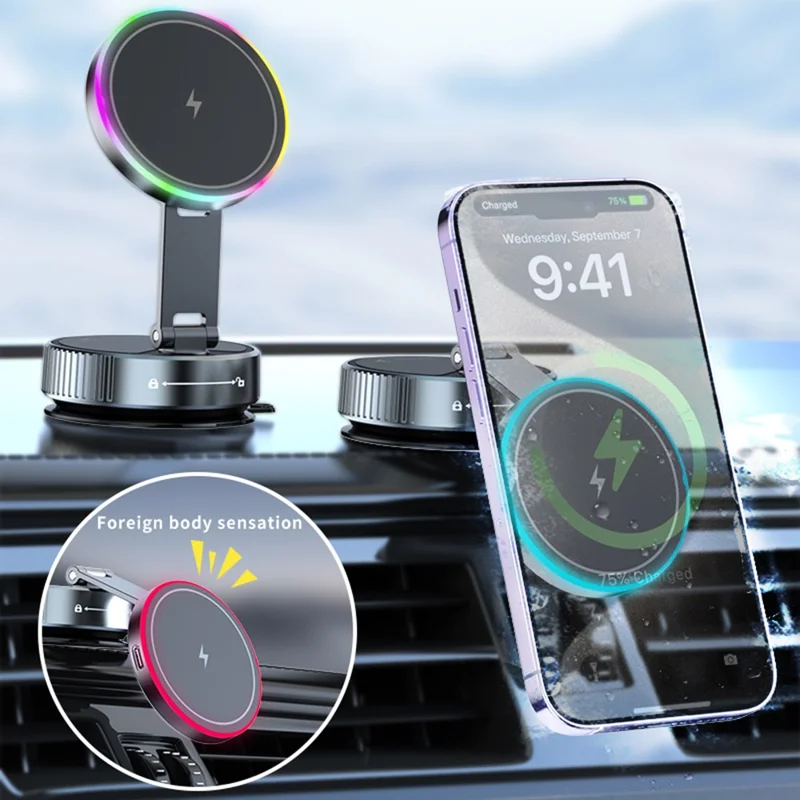Suporte de Telefone Magnético Giratório K3 para Carro com Carregamento Sem Fio e Ventosa, Suporte de Mesa com Luz Colorida