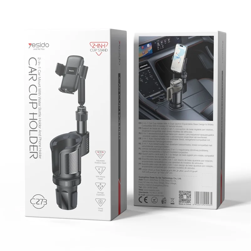 YESIDO C273 2 in 1 Car Cup Holder Phone Mount Adjustable 4.7-7.2 Inch Cellphone Bracket