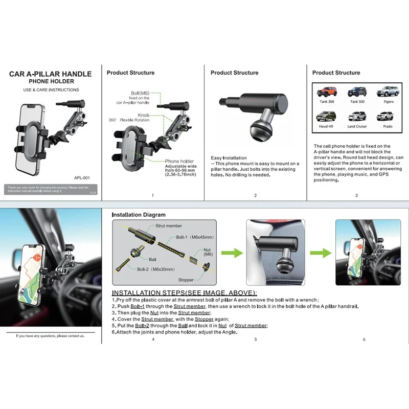 A037 Car Phone Mount for Land Cruiser / Prado / Tank 300 / 500 A-Pillar Adjustable Aluminum Alloy Cellphone Holder