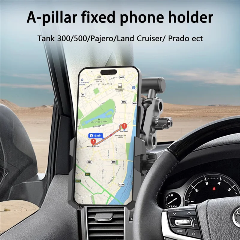 A037 Car Phone Mount for Land Cruiser / Prado / Tank 300 / 500 A-Pillar Adjustable Aluminum Alloy Cellphone Holder