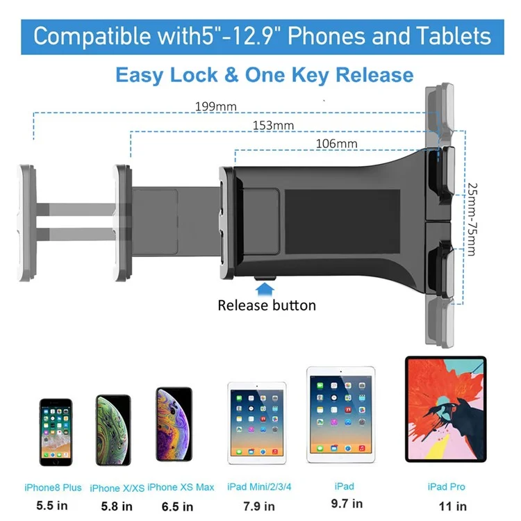 PB-47C Universal Car Tablet Holder Headrest Mount for 5" - 12.9" Phones Tablets, 360 Degree Rotating Stand