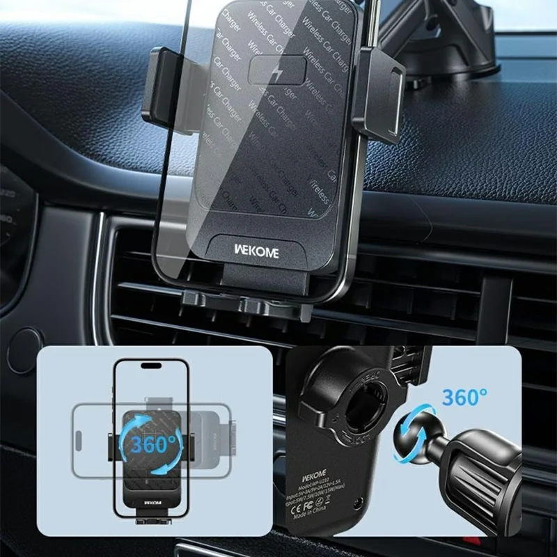 WEKOME WP-U210 for 4.7 - 7.2 Inch Devices Car Mount Wireless Charger 15W Fast Charging 360° Rotation Stand