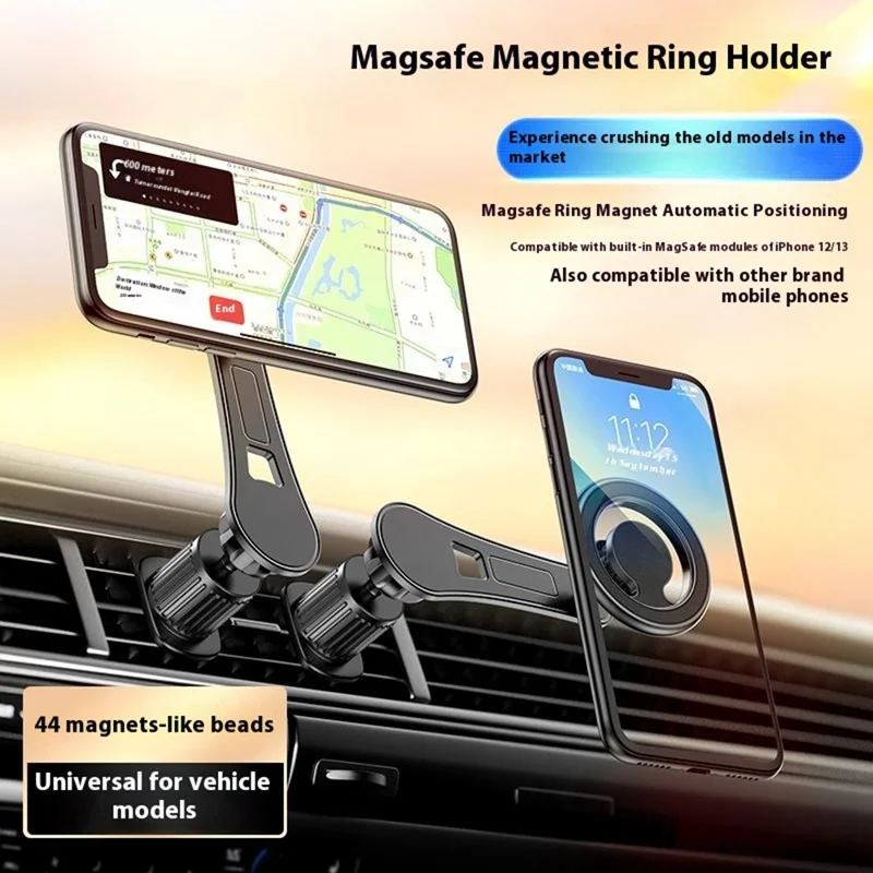 D19 Magnetic Car Phone Mount Vent Clip Rotatable Dashboard Navigation Stand Extendable Arm - Black