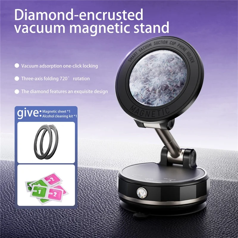 SD17 Folding Car Phone Holder for Navigation Vacuum Suction Mount Rhinestone Epoxy Design Starry Sky Pattern - Black