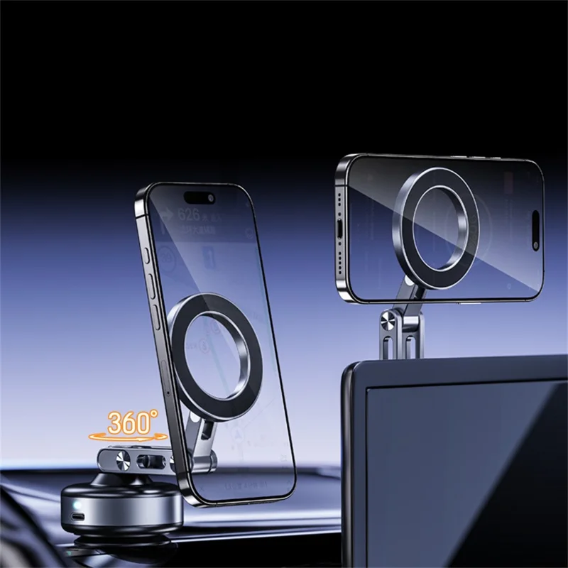 X93 Car Cellphone Mount 360 Degree Rotation Electric Vacuum Suction Cup Aluminum Alloy Magnetic Phone Holder - Black