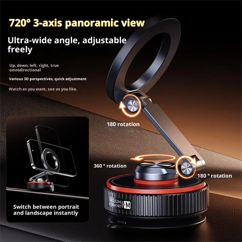 X66 Magnetic Car Phone Mount 720-Degree Triple-Axis Rotation Folding Vacuum Suction Cup Phone Holder for Dashboard / Windshield - Black