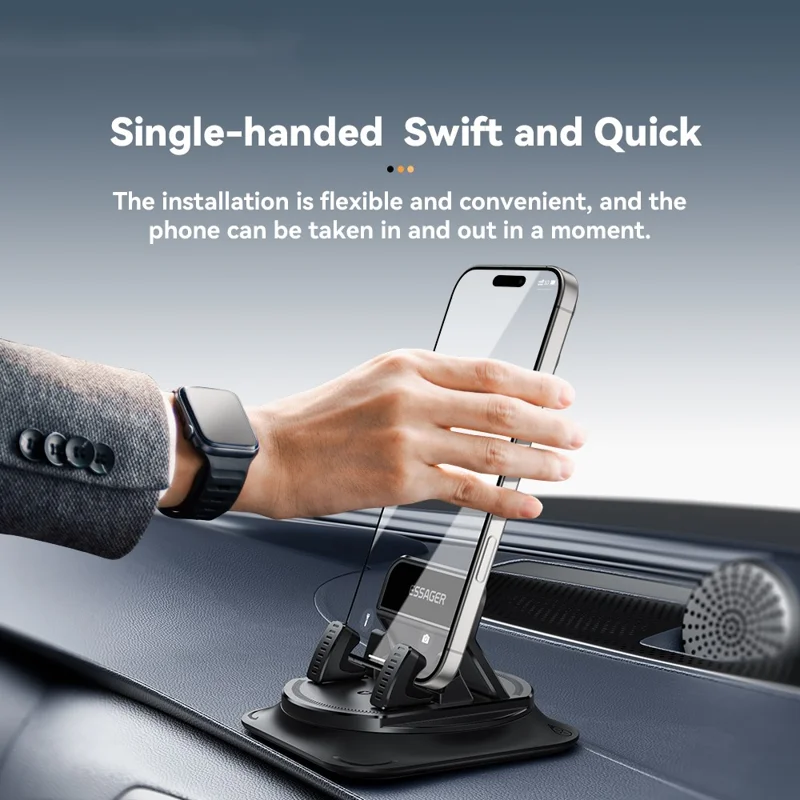 ESSAGER 360° Rotatable Car Center Console Phone Holder Adhesive Fixing Car Phone Holder Dashboard Mount- Black