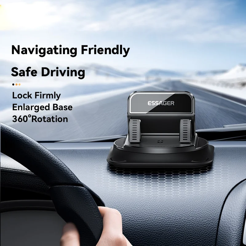 ESSAGER 360° Rotatable Car Center Console Phone Holder Adhesive Fixing Car Phone Holder Dashboard Mount- Black