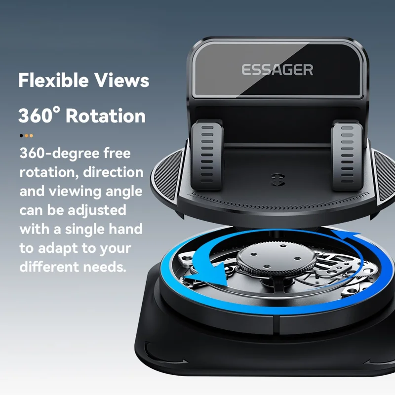 ESSAGER 360° Rotatable Car Center Console Phone Holder Adhesive Fixing Car Phone Holder Dashboard Mount- Black