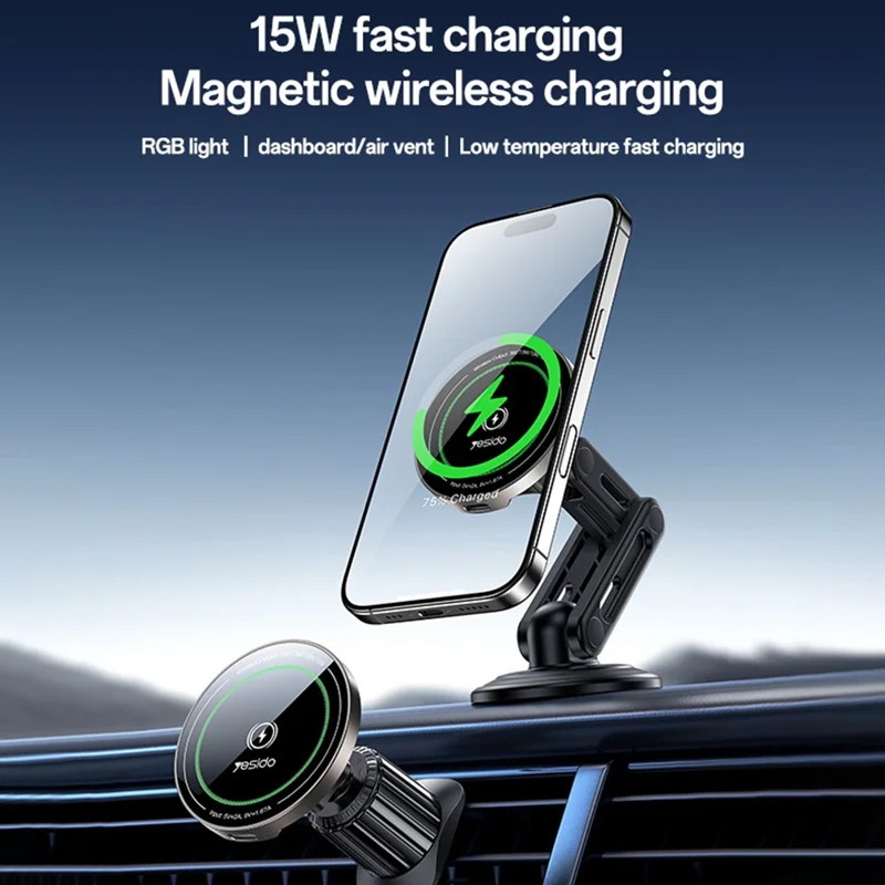 YESIDO C317 Magnetic Wireless Charger 15W Fast Charging Car Mount Dashboard Phone Holder with Breathing Light