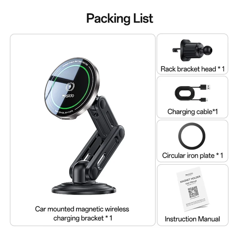 YESIDO C317 Magnetic Wireless Charger 15W Fast Charging Car Mount Dashboard Phone Holder with Breathing Light