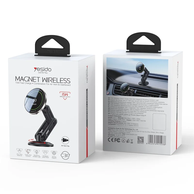 YESIDO C317 Magnetic Wireless Charger 15W Fast Charging Car Mount Dashboard Phone Holder with Breathing Light