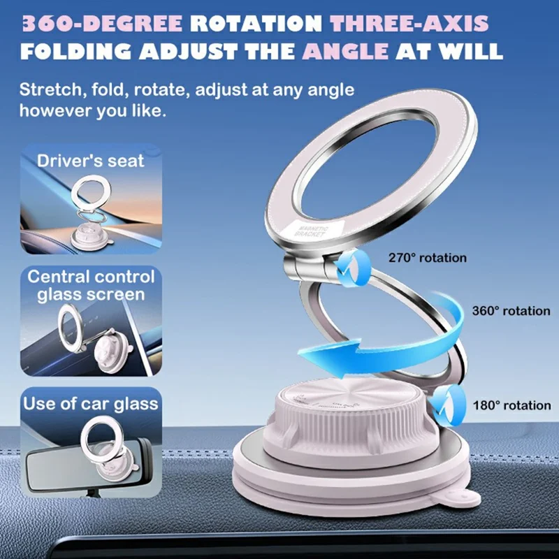 M16 15W Fast Wireless Car Charger 3-Fold Rotatable Magnetic Phone Mount with Vacuum Suction Dashboard Navigation Stand - White