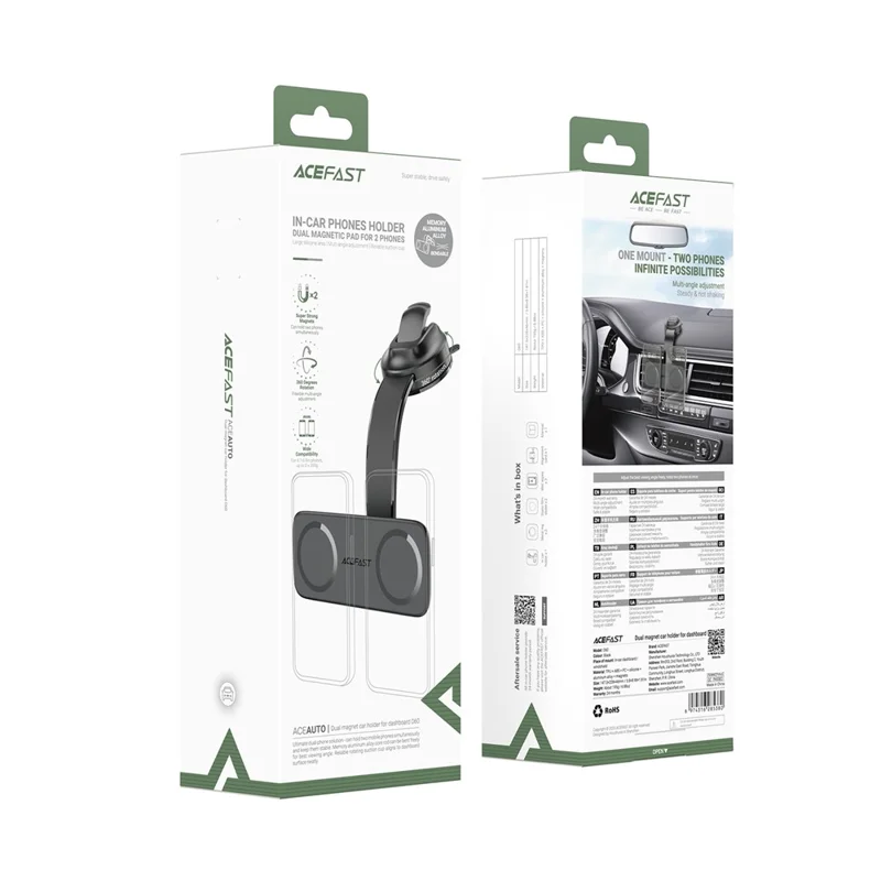حامل هاتف سيارة مغناطيسي مزدوج ACEFAST D60 لوحة القيادة مركزية قابل للتعديل بزاوية 360 درجة - أسود