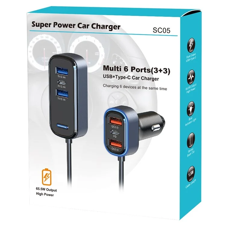 SC05 4 USB+2 Type-C Ports Phone Fast Charging Adapter Back Clip Design Extended Car Charger