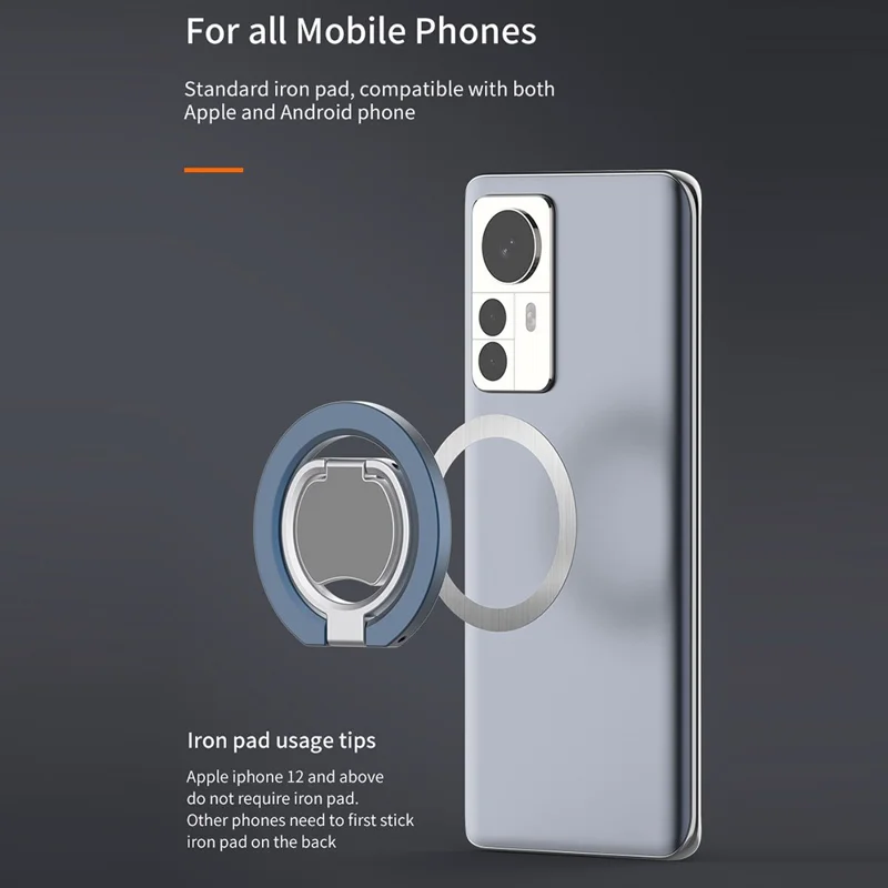 Tre gange foldbar magnetisk telefonholder i zinklegering med dobbeltsidet magnetring - Grå