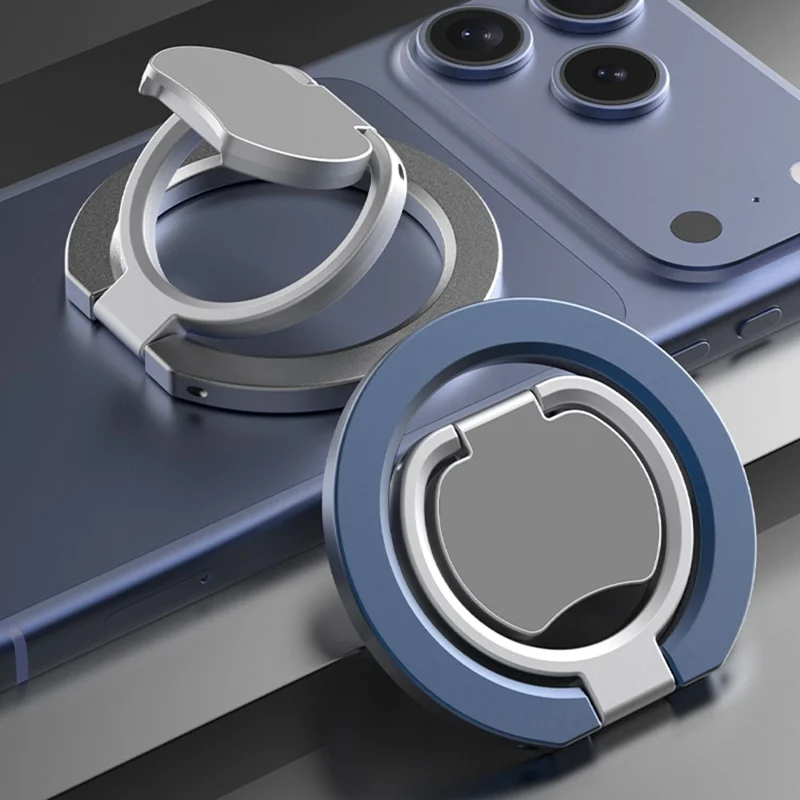 Tre gange foldbar magnetisk telefonholder i zinklegering med dobbeltsidet magnetring - Grå