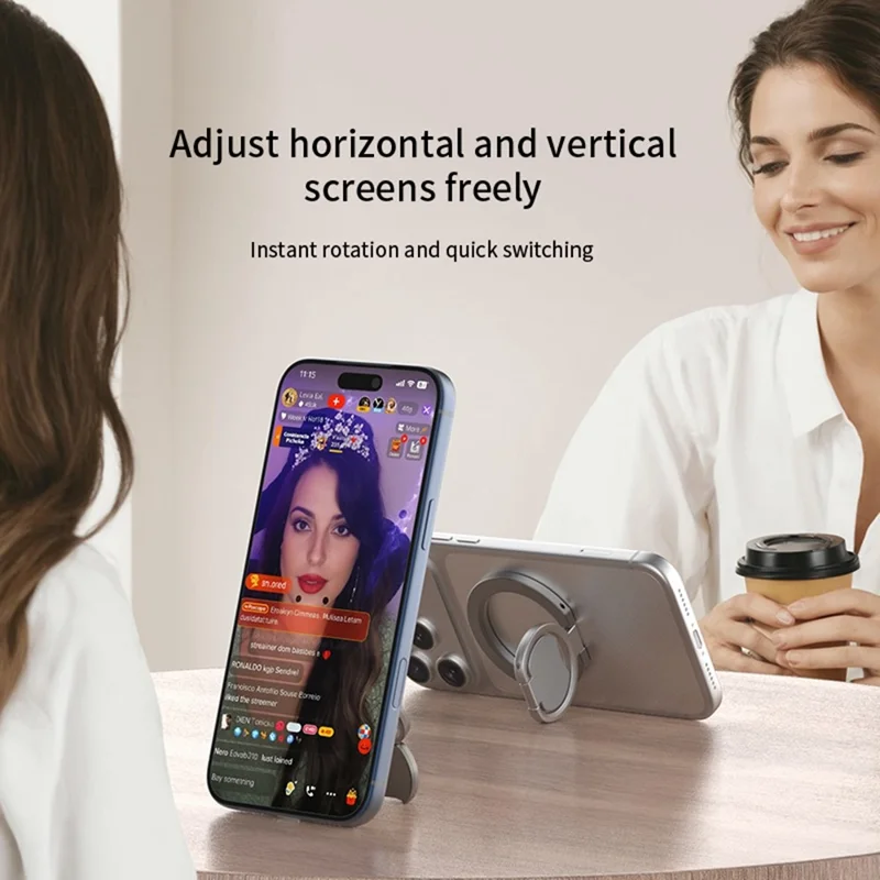 Tre gange foldbar magnetisk telefonholder i zinklegering med dobbeltsidet magnetring - Grå