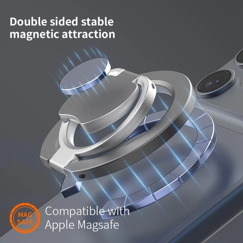 Tre gange foldbar magnetisk telefonholder i zinklegering med dobbeltsidet magnetring - Grå