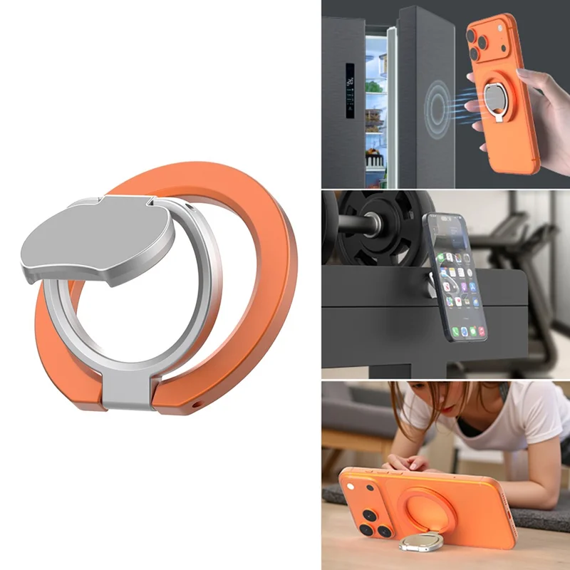 Magnetic Phone Ring Holder Grip with Dual-Side Magnets Triple Folding Zinc Alloy Kickstand - Orange