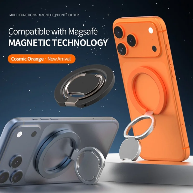 Magnetic Phone Ring Holder Grip with Dual-Side Magnets Triple Folding Zinc Alloy Kickstand - Orange