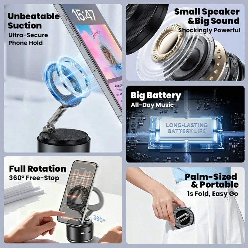 HONNOBE A5 Zinc Alloy Magnetic Phone Mount Bluetooth-Compatible Speaker Rotatable Holder with 360° Surround Sound - Black