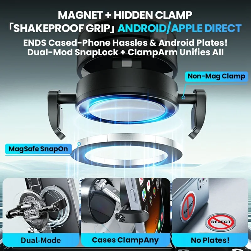 HONNOBE A9 Pro Clip Arm Foldable Vacuum Magnetic Car Phone Mount 360° Rotation Phone Holder - Black