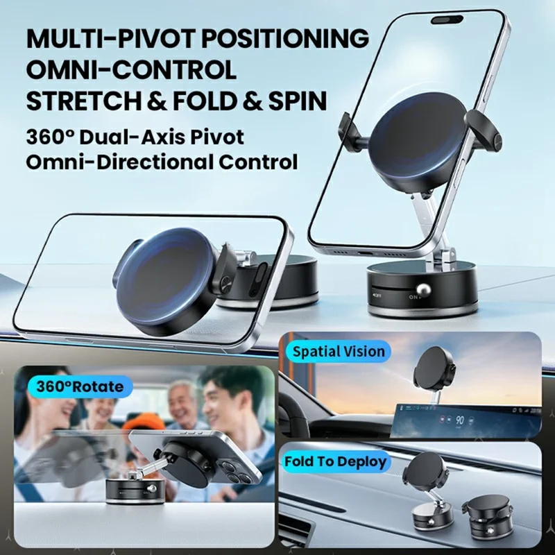 HONNOBE A9 Pro Clip Arm Foldable Vacuum Magnetic Car Phone Mount 360° Rotation Phone Holder - Black