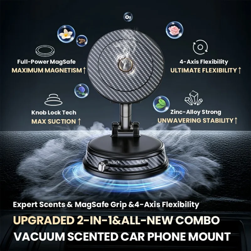 HONNOBE A15 2 in 1 Car Aromatherapy Phone Mount 360° Rotation Vacuum Magnetic Holder with Silicone Suction Cup - Black