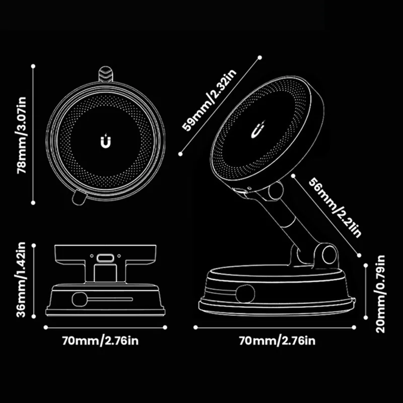 HONNOBE A14 Magnetic Wireless Charging Phone Mount Vacuum Suction 15W Fast Charger Phone Stand For Dashboard Windshield - Black