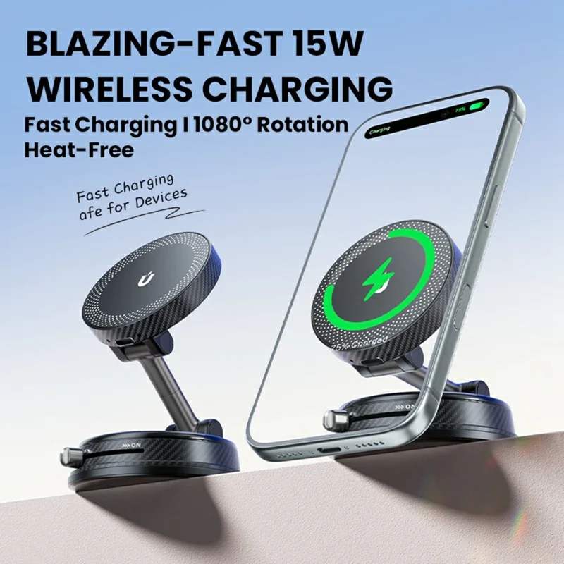 HONNOBE A14 Magnetic Wireless Charging Phone Mount Vacuum Suction 15W Fast Charger Phone Stand For Dashboard Windshield - Black