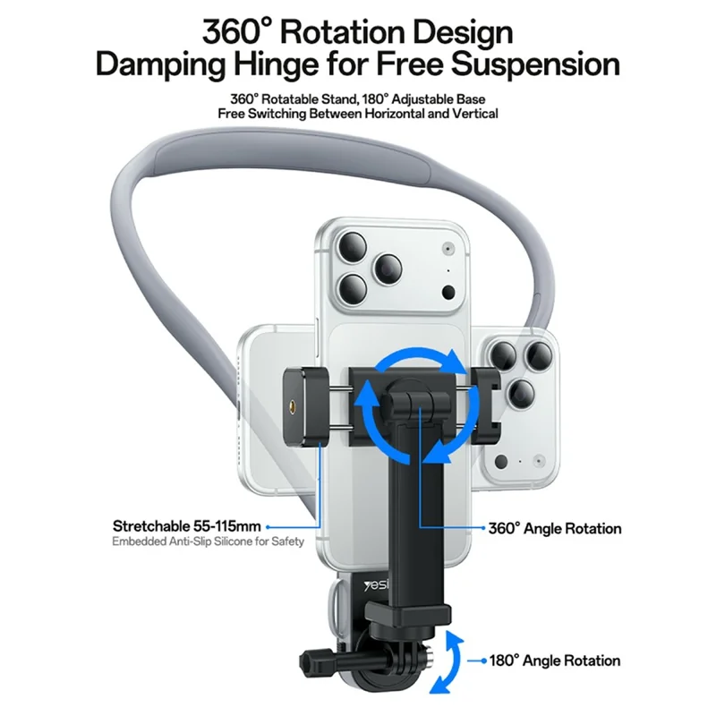 YESIDO C334 360 Degree Rotation Neck Phone Holder Stand Anti-shake Hands-free Neck-mounted Bracket